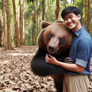 Brown Bear Hugging South Asian Male in Forest Setting