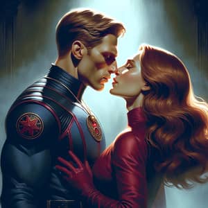 Intense Embrace: Navy Blue Man & Crimson Woman Kiss