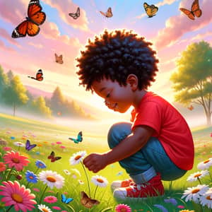 Joyful Nature Exploration: Young Black Boy in Red T-shirt with Colorful Butterflies