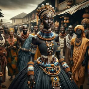 Stunning Black African Princess in Traditional Garments Walking Through Vibrant Village Streets