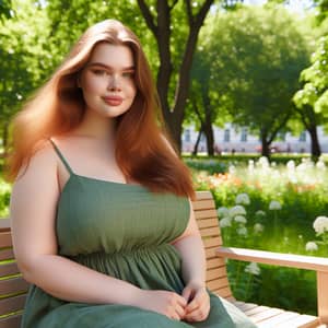 Big Woman in Green Summer Dress Relaxing in Sunlit Park