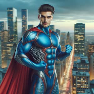Confident Superhero in Blue Outfit and Red Cape