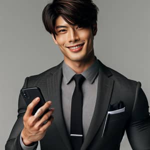 Stylish Asian Man in Charcoal Grey Suit with Cellphone