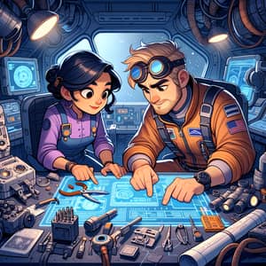 Futuristic Space Engineer and Scientist in Cartoon Spaceship