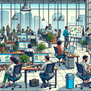 Vibrant Cartoon Office Scene with Diverse Characters | A4 Size Artwork