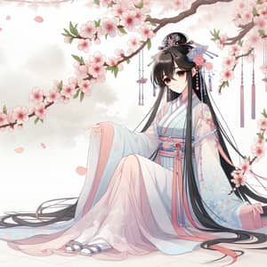 Young Chinese Woman in Traditional Hanfu Sitting Under Peach Tree