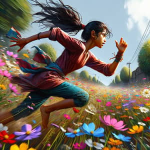 Dynamic South Asian Girl Sprinting Through Colorful Wildflower Field