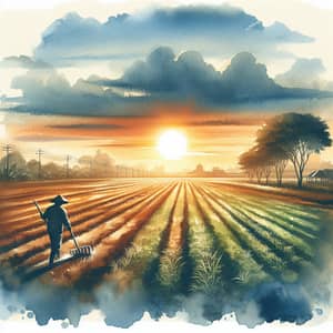 Tranquil Watercolor Painting of Farmer in Expansive Rural Landscape