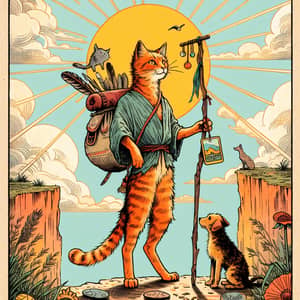 The Fool Tarot Card with Orange Cat - Symbolic, Vibrant Imagery