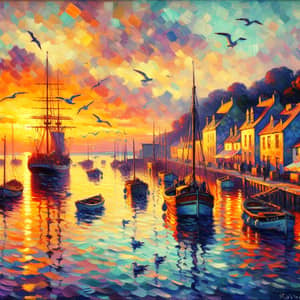 Beautiful Harbor at Sunset: Impressionism Art