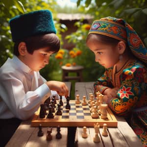 Young Kazakh Boy and Girl Playing Chess in Garden