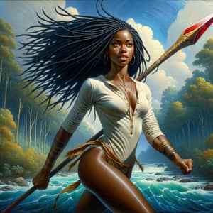 Powerful Caribbean-Asian Woman with Red Blade Spear - Enchanting Oil Painting