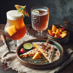 Delicious Quesadilla with Cocktail and Beer