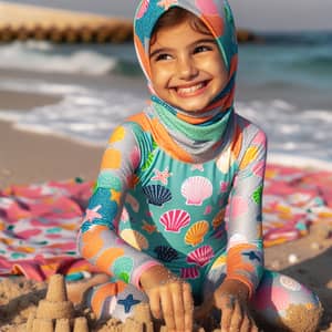 Colorful Seashell Swimsuit: Joyful Beach Day for 8-Year-Old Girl