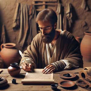 Apostle Paul: Ancient Scholar Writing on Parchment Table