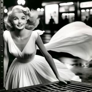Platinum Blonde Hollywood Actress in White Dress on City Street
