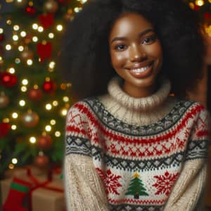 Cheerful African American Woman in Cozy Christmas Sweater