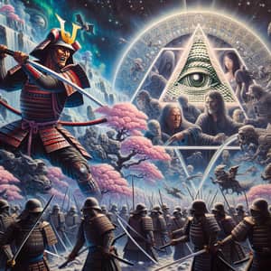 Samurai Warriors vs Illuminati: Cosmic Clash in Fantastical Landscape