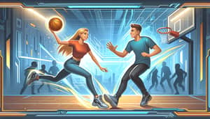 Futuristic Basketball Game Illustration with Joyous Young Couple