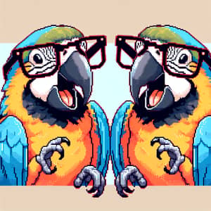 Female Macaws Laughing with Nerdy Glasses in 8-Bit Style