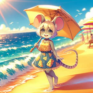 Cute Anime Mouse at Beach: Colorful & Vibrant Scene
