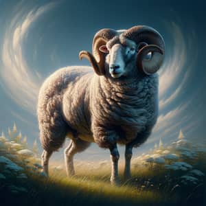 Majestic Ram Standing in Meadow with Curly Horns | Wildlife Art