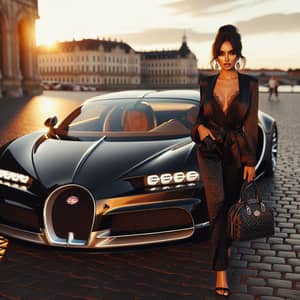 Luxurious Bugatti Car Parked on Sunset Cobblestone Street