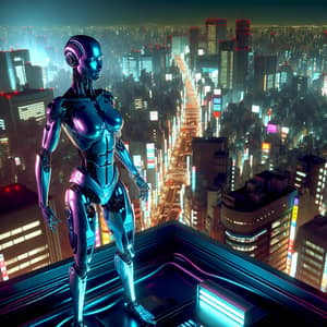 Cyberpunk Cityscape: Neon-Lit Streets and Mechanized Woman