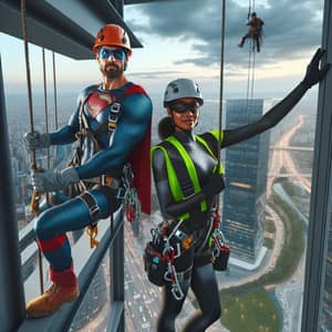 Superheroes in Safety Harness: Action High Above Cityscape