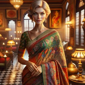 Elegant Caucasian Woman in Multicolored Saree | Traditional Indian Home