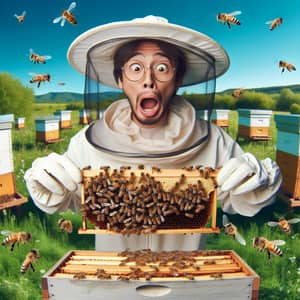 Humorous Asian Beekeeper with Surprised Expression Handling Beehive Frame