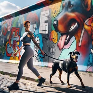 Vibrant Graffiti Art with Curvy Woman Walking Robust Doberman