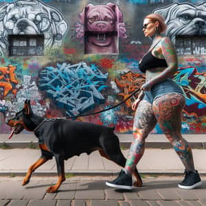 Urban Artistry: Tattoed Woman Walking Doberman Dog by Colorful Graffiti Wall