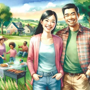 Joyful Watercolor Painting of Diverse Happy Couple in Rural Setting