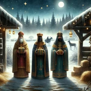 Traditional Carol Scene with Three Wise Kings in a Mystical Stable