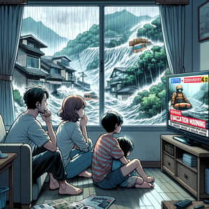 Japanese Manga Illustration: Family Reacts to Evacuation Warning Amid Rainstorm