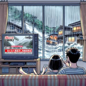 Family Watching TV During Heavy Downpour - Japanese Manga Illustration