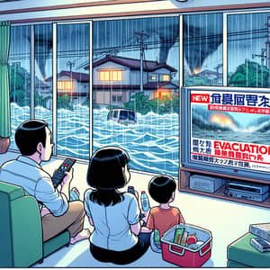 Japanese Manga Illustration: Family Watching TV During Rainstorm