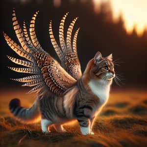 Majestic Winged Tabby Cat in Grassy Field | Sunset Scene