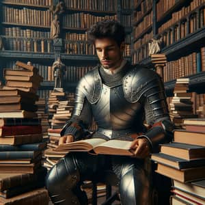 Hispanic Young Warrior Deep in Historical Book in Voluminous Library