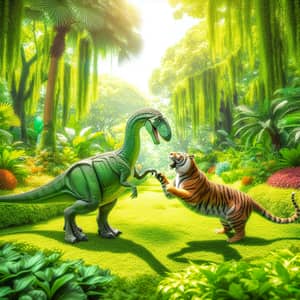 Majestic Diplodocus and Playful Tiger Frolicking in Lush Park
