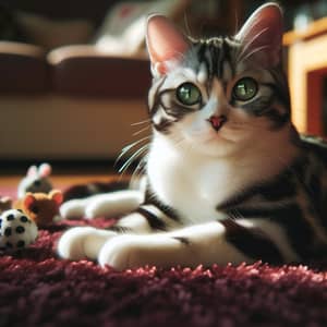 Adorable Domestic Short-Haired Cat lounging on Maroon Rug