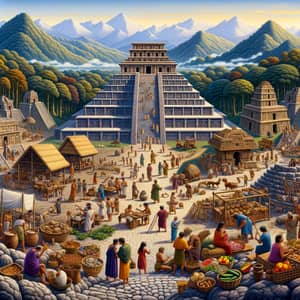 Elaborate Pre-Columbian Stone Temple and Bustling Marketplace Scene
