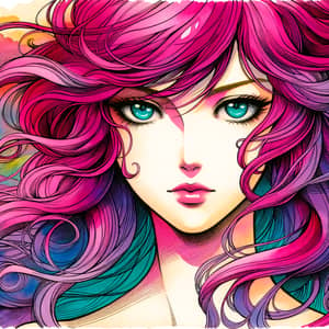 Vibrant Ukiyo-e Portrait with Magenta Hair and Turquoise Eyes