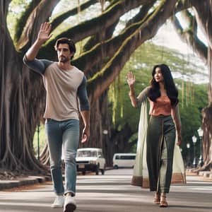 Caucasian Man & South Asian Woman Parting on Tree-Lined Street