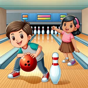 Colorful Cartoon of Diverse Children Bowling Fun