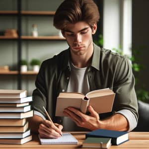 Young Male Student Engrossed in Reading a Hardcover Book