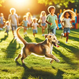Playful Beige Dog Running in Lush Green Park with Children Playing
