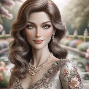 Elegant Woman in High Fashion Dress | Serene Garden Setting