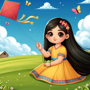 Young South Asian Girl on Hill with Kite and Apple